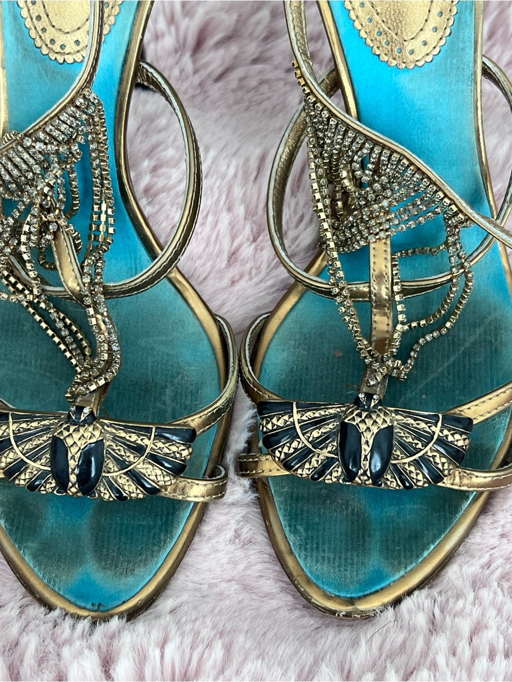 Vintage Roberto Cavalli Gold Strappy Heeled Sandals Turquoise soles 💙 

size 38 - Picture 2 of 14